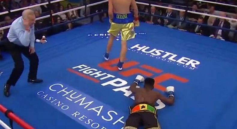 Ghanaian boxer who trended for assaulting football fan knocked out by Ukrainian opponent