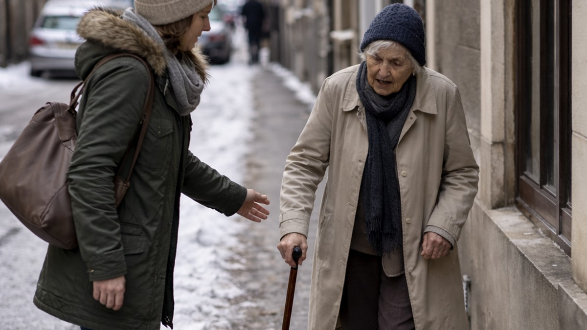 Mlađa osoba ustupa prolaz starijoj gospođi, ilustracija