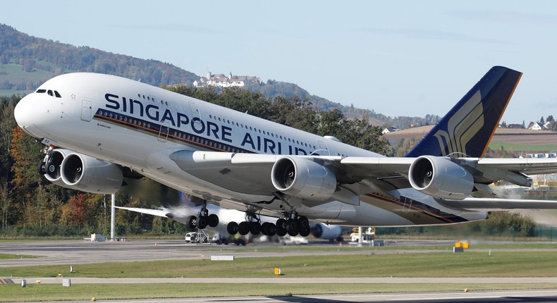 Singapore Airlines Airbus A380-800 takes off from Zurich airport
