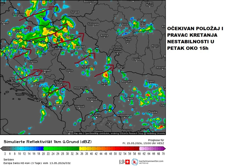 Kretanje nestabilnosti u petak oko 15 sati