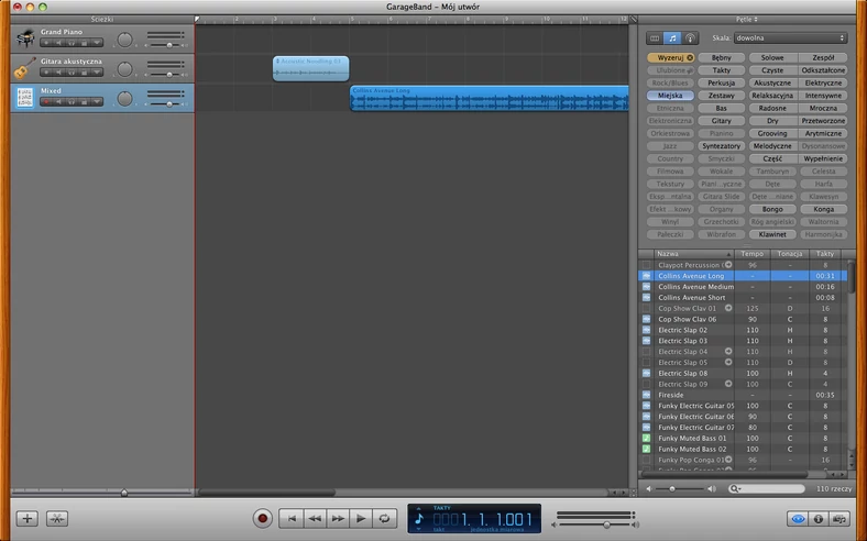 GarageBand ma dużo wbudowanych próbek dźwięków