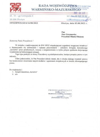 List przewodniczącego warmińsko-mazurskiego oddziału OPZZ do prezydenta Grzymowicza (Związek Zawodowy Urzędu Miasta Olsztyna / Facebook)