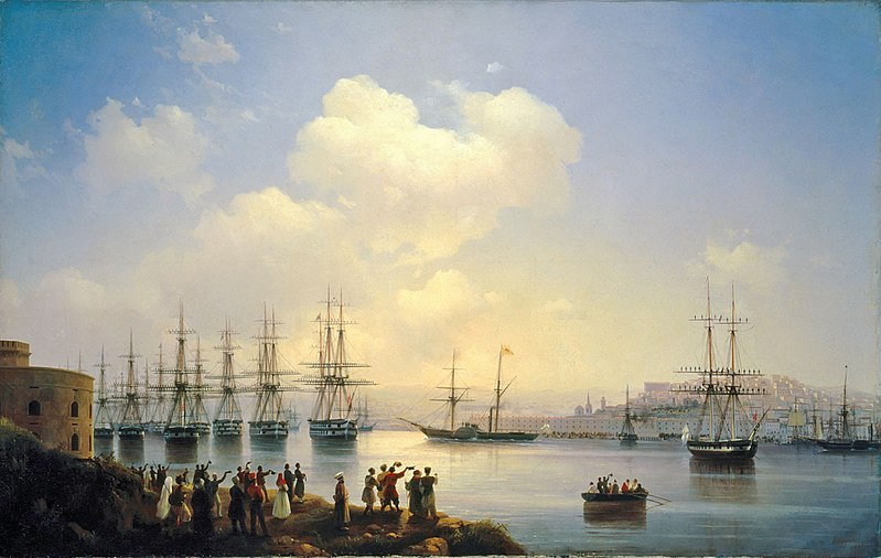 Rosyjska flota w porcie w Sewastopolu, obraz Iwana Ajwazowskiego z 1847 r. (domena publiczna)