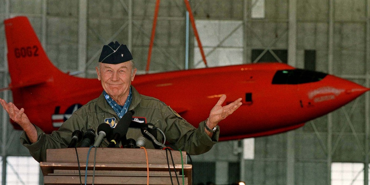 Yeager on the 50th anniversary of his record-breaking flight at Edwards Air Force Base, California, October 14, 1997.