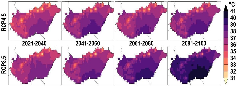 6. ábra: Az évi maximumhőmérséklet várható sokéves átlaga 2021-2040-ben, 2041-2060-ban, 2061-2080-ban és 2081-2100-ban az optimistább RCP4.5 (fent) és a pesszimista RCP8.5 (lent) forgatókönyvet figyelembe vevő modellszimulációk átlaga alapján. A szerzők ábrája.