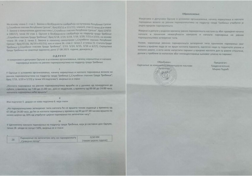 Odluka o ceni parkinga u Trebinju