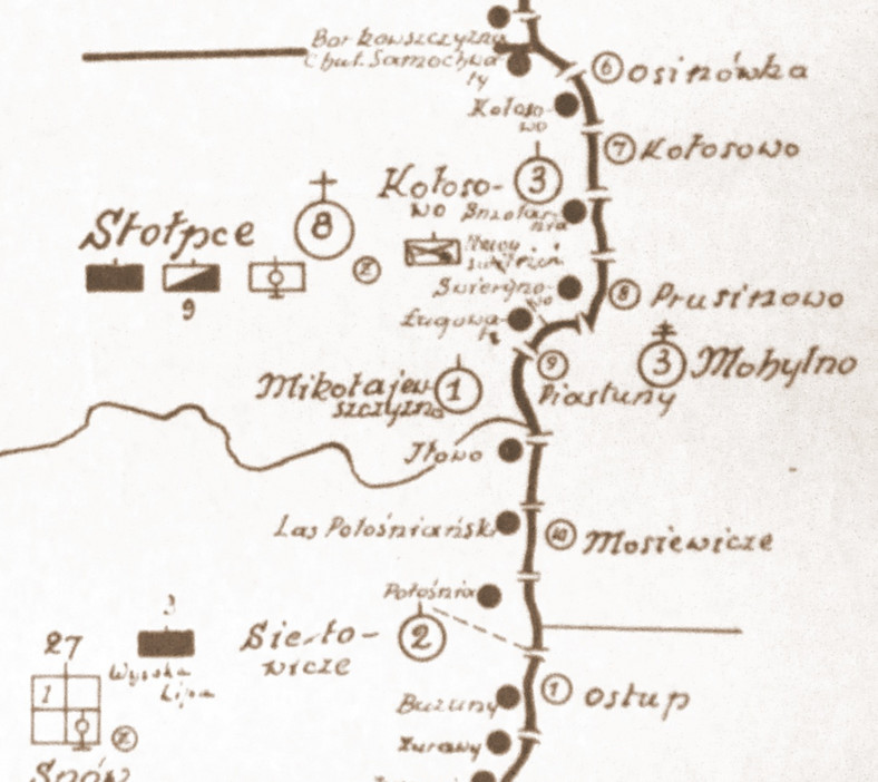 Szkic rozmieszczenia batalionu KOP Stołpce w 1931 r. Wśród wymienionych posterunków strażnica w Kołosowie.