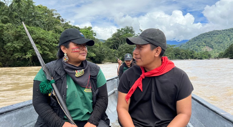 Alex Lucitante and Alexandra Narvez, 2022 Goldman Prize winners, conducting a patrol on the Aguarico River.