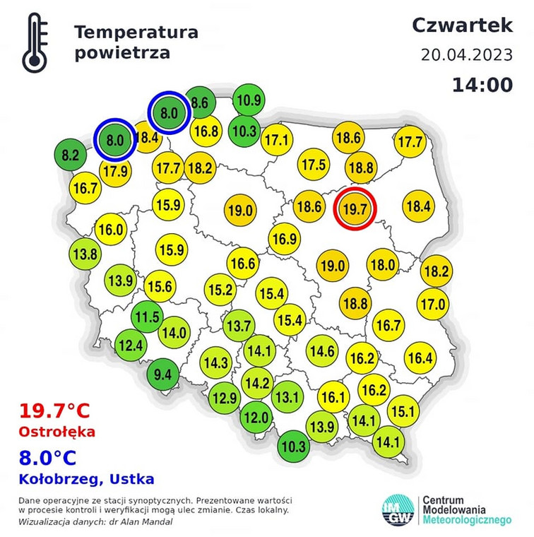 Temperatura maksymalna w Polsce 9 kwietnia.