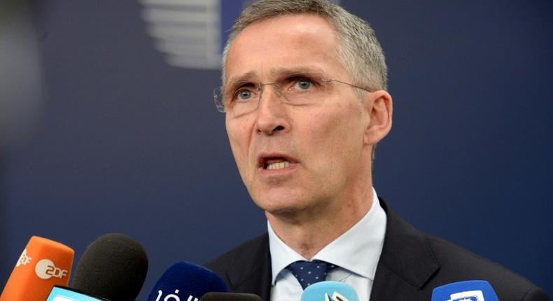 NATO chief Jens Stoltenberg talks to the press in Brussels on May 18, 2017