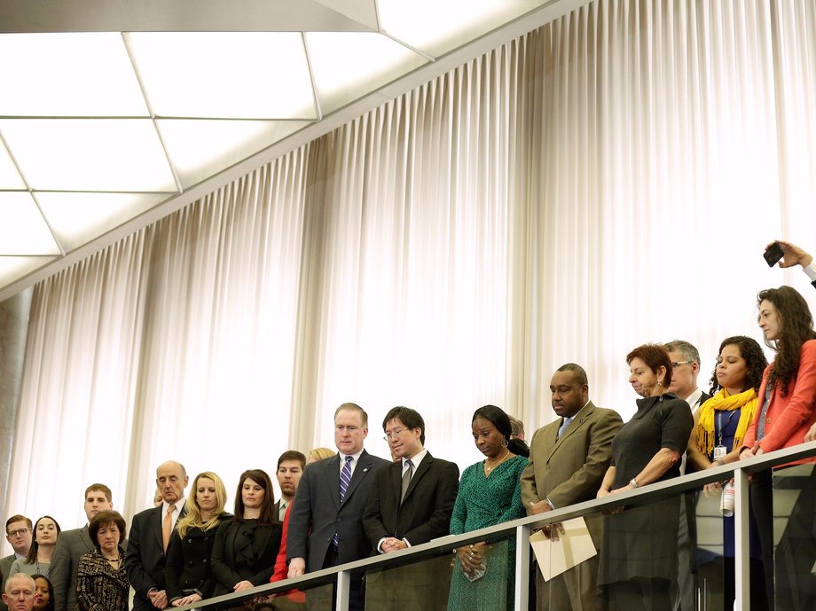 Department of State employees listen as U.S. Secretary of State Rex Tillerson delivers remarks upon arrival at the Department of State in Washington, U.S., February 2, 2017.