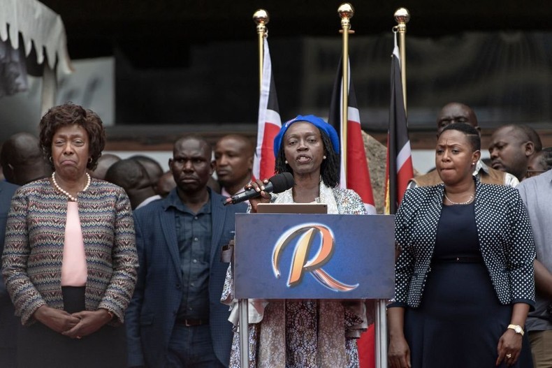 Newly announced running mate of the Azimio coalition presidential flag-bearer, Raila Odinga (not in picture), Martha Karua (2-R) gives her acceptance speech flanked her supporters in Nairobi on May 16, 2022. (Photo by TONY KARUMBA/AFP via Getty Images)