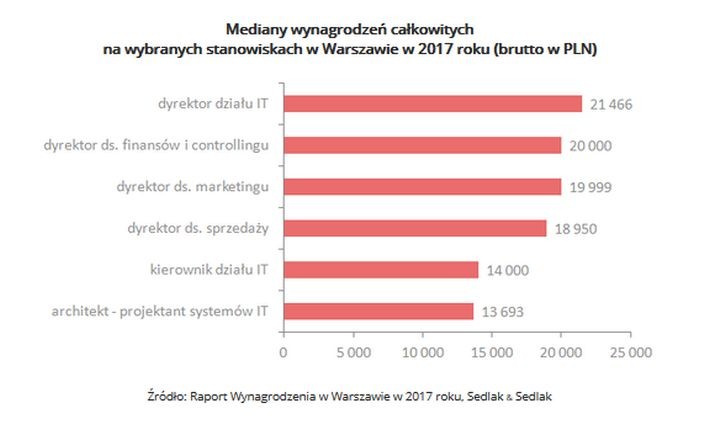 W raporcie oprócz danych ogólnych znalazły się również analizy wynagrodzeń na poszczególnych stanowiskach. W analizach uwzględniono 101 stanowisk. Biorąc pod uwagę medianę zarobków, wysokie wynagrodzenia otrzymywali dyrektorzy działu IT (21 466 PLN brutto). Kolejne najlepiej opłacane były posady dyrektorów do spraw finansowych i controllingu oraz marketingu (mediana  20 tys zł brutto).