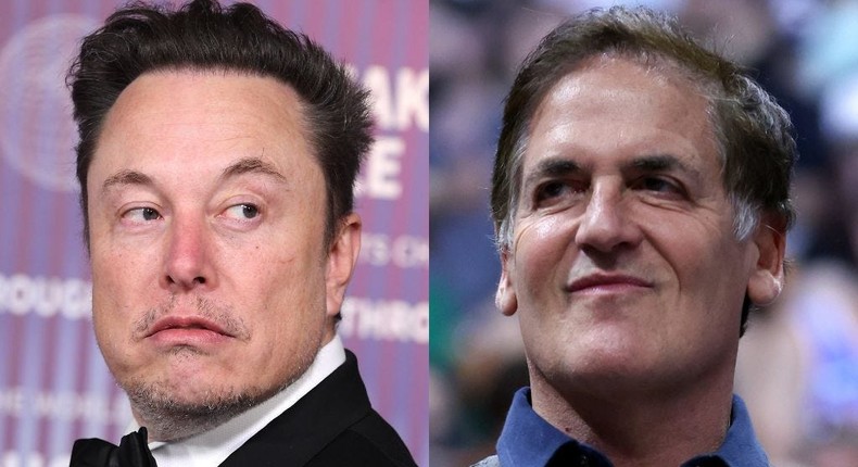 Elon Musk called Mark Cuban a giant turd in human form after Cuban said that Musk had adjusted X's algorithm according to his own preferences.Steve Granitz/FilmMagic via Getty Images; Megan Briggs via Getty Images