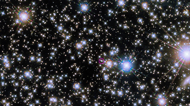 A Hubble Űrteleszkóp Wide Field Camera 3 fényképezőgépe felfedte a BOAT gammakitörés és gazdagalaxisa infravörös utófényét (bekarikázva). Ez a kompozíció a 2022. november 8-án és december 4-én, egy és két hónappal a kitörés után készült felvételeket foglalja magába. A kitörés fényességét tekintve a kitörés utófénye még évekig észlelhető maradhat a távcsövekkel. / Fotó: NASA, ESA, CSA, STScI, A. Levan (Radboud Egyetem); képfeldolgozás: Gladys Kober