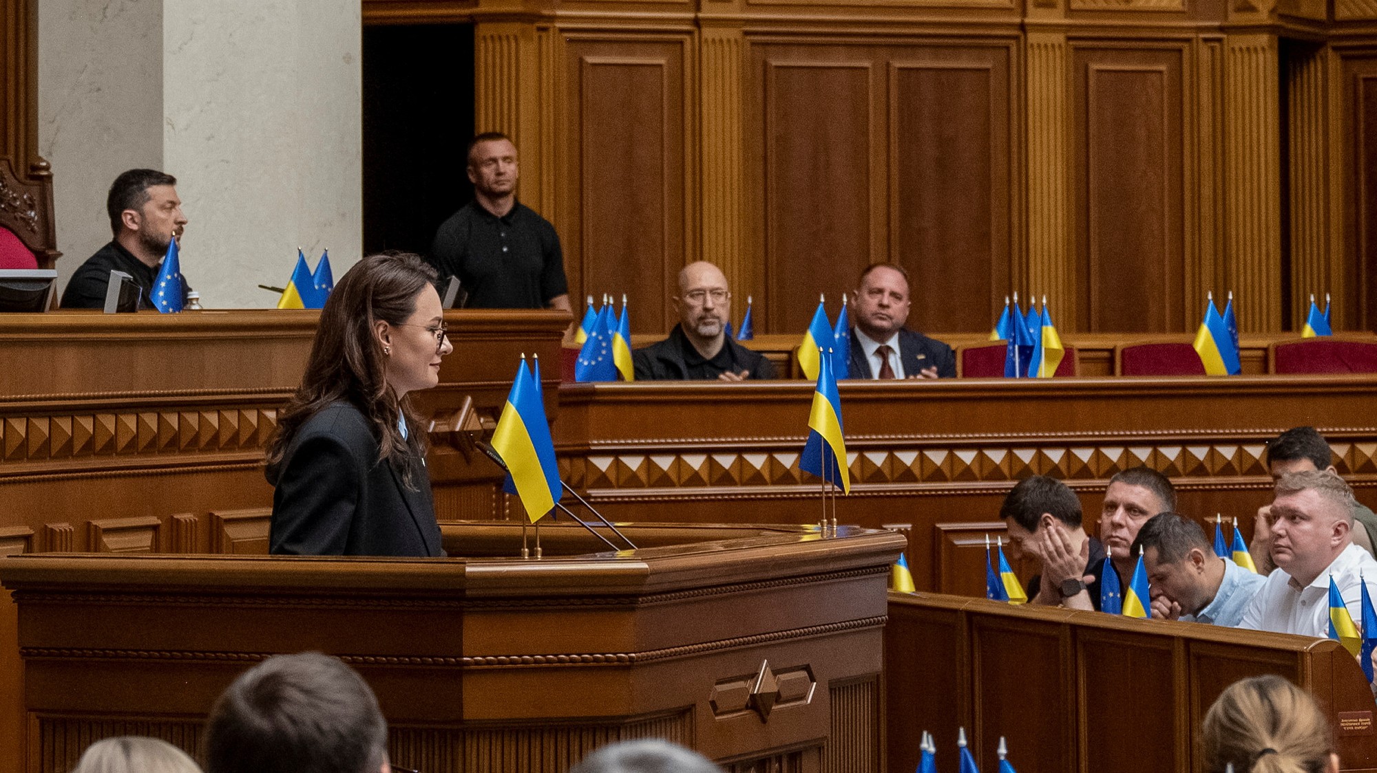 Novovymenovaná ukrajinská premiérka Julija Svyrydenko prichádza na zasadnutie ukrajinského parlamentu, 17. júla 2025.