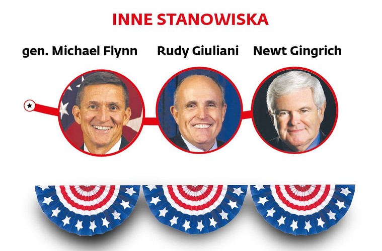 <b>Inne stanowiska</b><br><br>

Kariera może czekać <b>gen. Michaela Flynna</b>, b. szefa wywiadu wojskowego, który doradzał Trumpowi w trakcie kampanii w kwestiach bezpieczeństwa. Flynn to weteran służb specjalnych, a kierowana przez niego organizacja zdobywała informacje kluczowe dla podejmowania decyzji w Iraku i w Afganistanie. Co ciekawe jednak, generał jest orędownikiem zbliżenia z Rosją. Przyjął nawet w ub.r. zaproszenie do Moskwy na uroczystość z okazji 10-lecia kontrolowanej przez Kreml telewizji RT, gdzie siedział obok Władimira Putina. Na krótkiej liście do czołowych stanowisk są też inni bliscy współpracownicy kandydata, m.in. były burmistrz Nowego Jorku <b>Rudy Giuliani</b>, który na jednym  z wieców zapędził się, mówiąc, że terroryzm motywowany islamskim resentymentem zaczął się za Obamy, zapominając o zamachach z 11 września. Oraz były przewodniczący Izby Reprezentantów <b>Newt Gingrich</b>, główny oskarżyciel Billa Clintona w sprawach obyczajowych, podczas gdy sam zdradzał chorą na raka żonę.