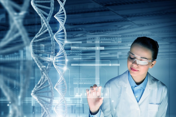 Woman scientist touching DNA molecule image at media screen