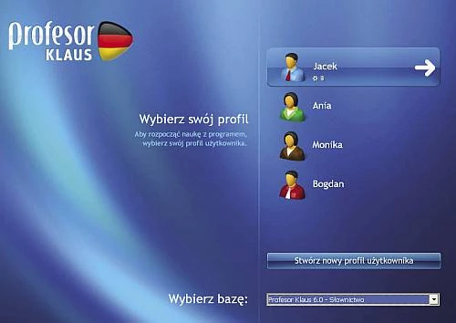 Ekran startowy programu przypomina nieco ekran logowania Windows XP. Po wybraniu wcześniej zdefiniowanego użytkownika możemy rozpocząć naukę