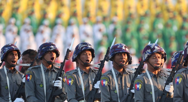 Police march during a ceremony marking Myanmar's 75th anniversary of Independence Day in Naypyitaw, Myanmar, Wednesday, Jan. 4, 2023.Aung Shine Oo/AP