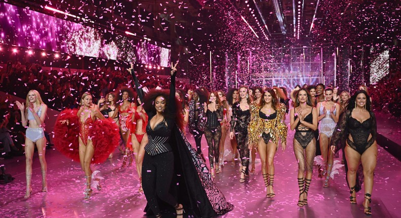 The cast of the 2024 Victoria's Secret Fashion Show walks the runway together.Angela Weiss/Getty Images