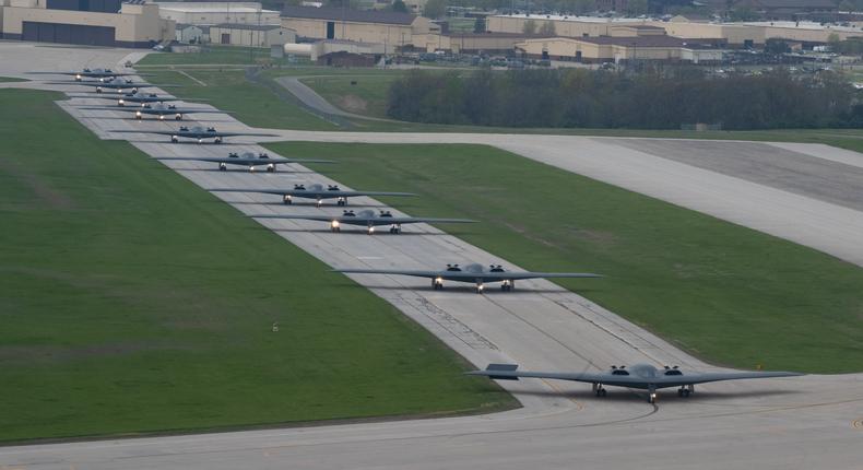 B-2 Spirit stealth bombers assigned to the 509th Bomb Wing taxi on the runway at Whiteman Air Force Base, Mo., April 15, 2024.U.S. Air Force photo by Airman 1st Class Hailey Farrell