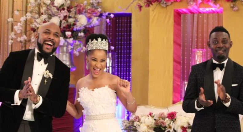 Banky W, Adesua Etomi and AY Makun in The Wedding Party