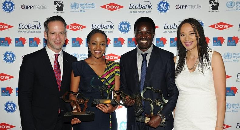 From left: Greg Beitchman, VP, Content Sales and Partnerships, CNN International; Asha Ahmed Mwilu and Rashid Idi, overall 2016 CNN MultiChoice African Journalist Awards recipients; and Yolisa Phahle, CEO of M-Net at the award ceremony in South Africa, 15 October 2016