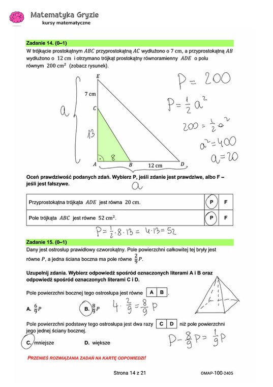 Egzamin ósmoklasisty 2024. Matematyka [ARKUSZE CKE i ODPOWIEDZI]. Zadanie 14 i 15