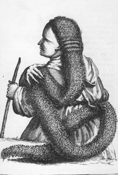 Miedzioryt z XVIII wieku przedstawiający kobietę z imponującym kołtunem.