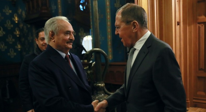 Russian Foreign Minister Sergei Lavrov welcomes Libya's military strongman Khalifa Haftar in Moscow