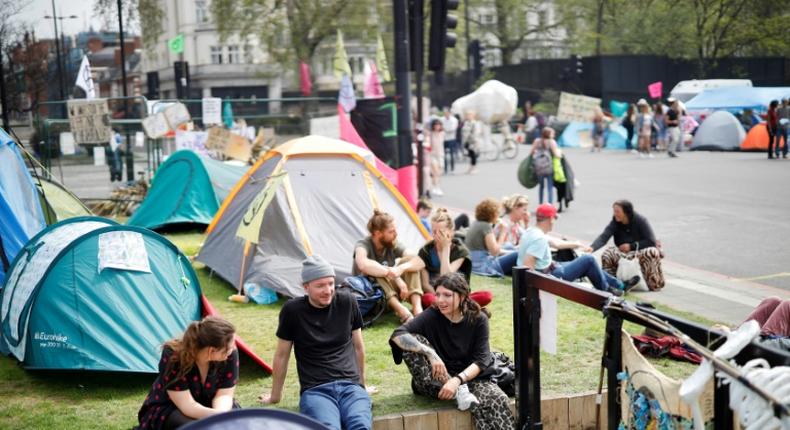Climate change activists at the Extinction Rebellion group's environmental protest camp in Marble Arch central London where they are regrouping after blocking some of the capital's business thoroughfares