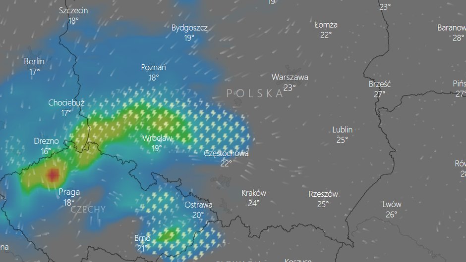 Mapa burzowa Windy pokazująca 7.00 rano