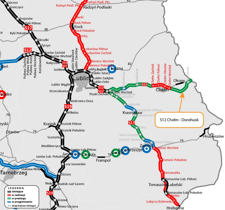 Mapa odcinka S12 Chełm - Dorohusk i woj. lubelskiego