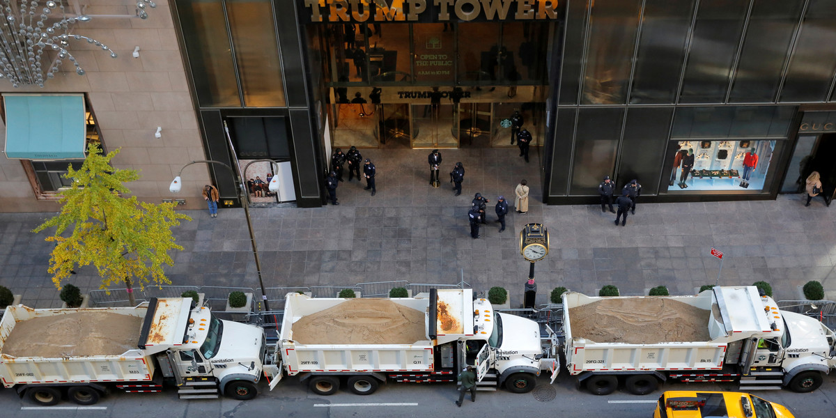 Why Trump Tower and Clinton's election-night location are surrounded with dump trucks full of sand