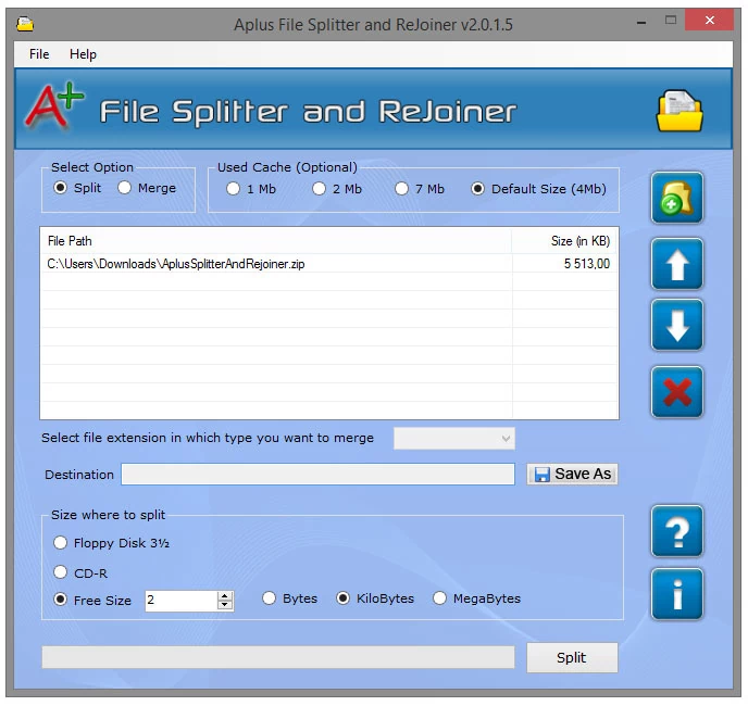 Główne okno programu do dzielenia i łączenia plików - Aplus File Splitter and ReJoiner