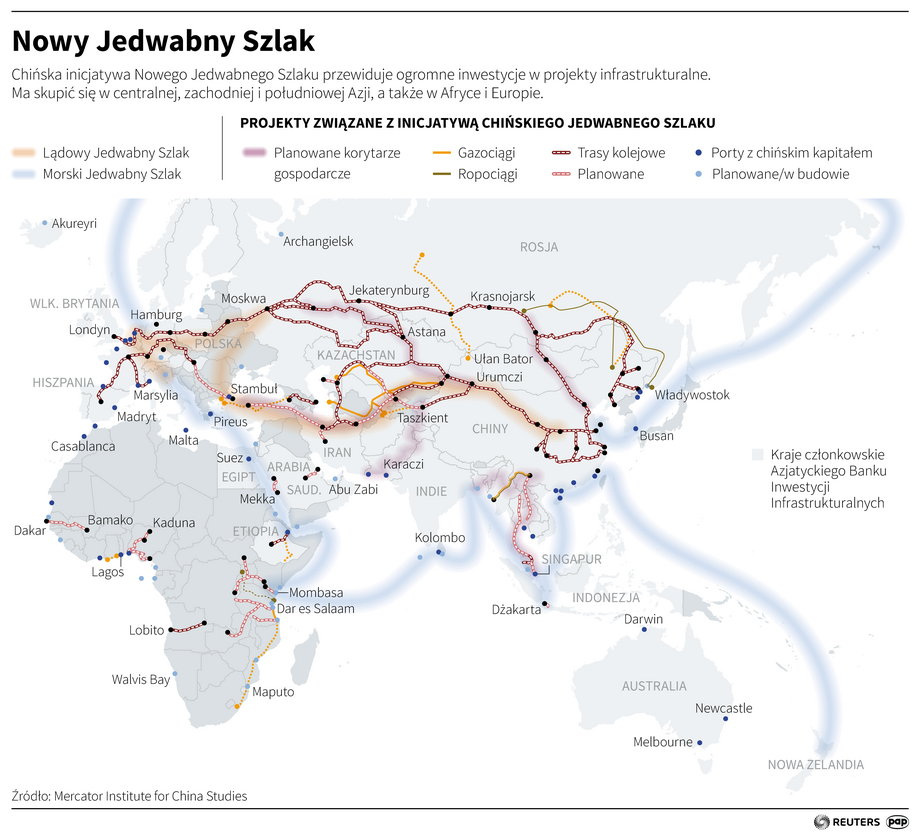 Nowy Jedwabny Szlak to nie jedna, a wiele tras kolejowych, portów i rurociągów łączących Chiny z państwami na Zachodzie Azji, Europy i w Afryce. 