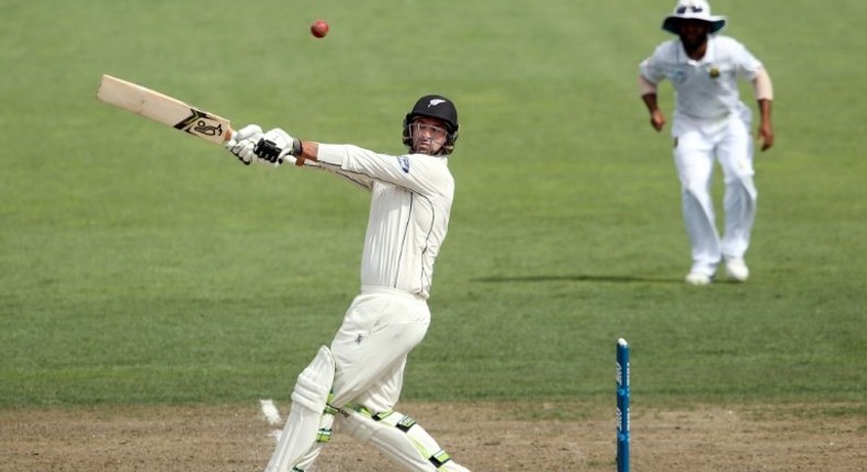 Colin de Grandhomme of New Zealand bats on day four of their third Test match against South Africa, at Seddon Park in Hamilton, on March 28, 2017