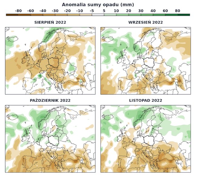 Prognoza anomalii opadów na kolejne cztery miesiące