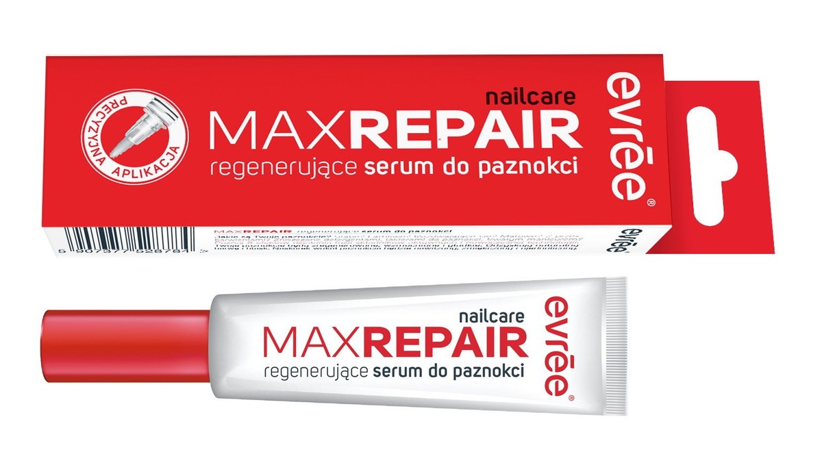 Evrēe® Max Repair regenerujące serum do paznokci to perfekcyjne połączenie wysokoskoncentrowanych składników aktywnych i nowatorskich metod. Kompozycja olejków takich jak: winogronowy, oliwkowy, makadamia, ostropestowy, avocado, abisyński, arganowy oraz jojoba, ma silne cechy pielęgnacyjne dla paznokcia oraz otaczającego go naskórka. W efekcie, paznokcie są odbudowane, wzmocnione, odzyskują naturalną barwę i blask, a naskórek wokół paznokcia staje się nawilżony i zmiękczony.