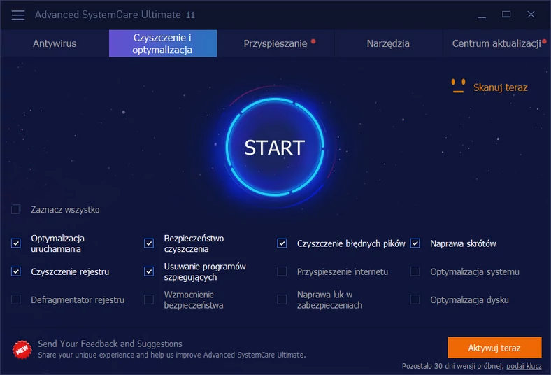 Główne okno rozbudowanego programu do optymalizacji systemów operacyjnych Windows - Advanced SystemCare Ultimate 11