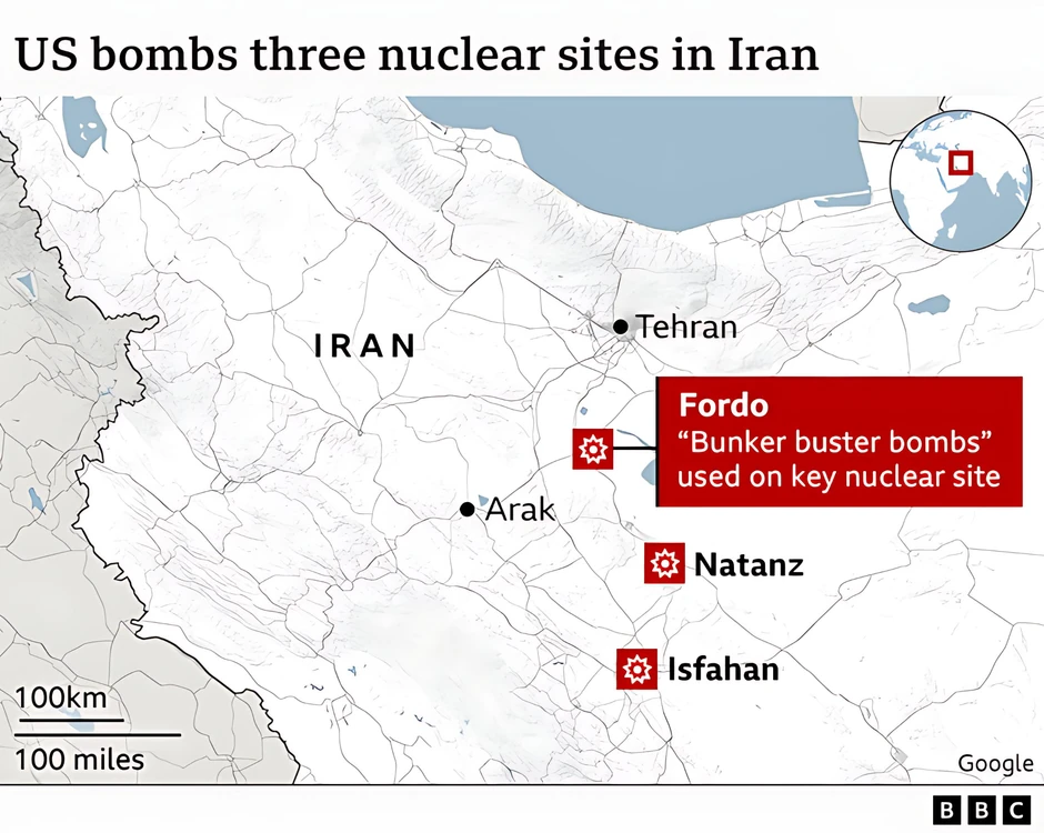 Mapa Irana koja prikazuje tri lokacije pogođene američkim bombama i raketama: Fordov, Natanz i Isfahan | Foto: BBC