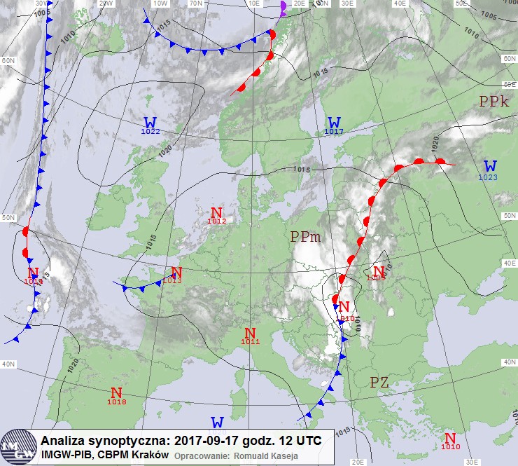 Niż zbliżający się z południa do Polski 17.09.2017