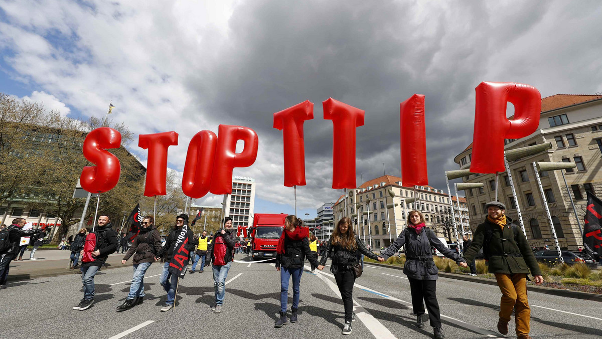 Protesters demonstrate against TTIP free trade agreement ahead of U.S. President Obama's visit in Hannover