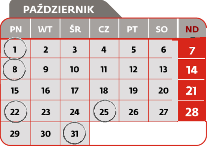 <strong>1 października </strong>

<br>Termin złożenia deklaracji VAT-11 - osoby fizyczne, osoby prawne lub jednostki organizacyjne niemające osobowości prawnej, niebędące podatnikami VAT i niemające obowiązku składania deklaracji VAT-7, VAT-7K lub VAT-7D, dokonujące WDT nowego środka transportu
<br>Termin złożenia deklaracji VAT-REF<br><br>

<strong>8 października</strong>
<br>Termin złożenia deklaracji CIT-7
<br>termin przekazania przez płatnika, o którym mowa w art. 26 ust 1 CIT, pobranego zryczałtowanego podatku
<br>Termin przekazania przez płatnika podatku od należności wypłaconych osobom niemającym w RP miejsca zamieszkania/siedziby z tytułu art. 21 ust 1 i art. 22 ust 1 CIT
<br>Termin płatności podatku w formie karty podatkowej
<br>Termin wpłaty pobranego przez płatnika podatku PCC, SD
<br>Termin złożenia przez płatnika deklaracji: PCC-2, SD-2<br><br>
<strong>22 października</strong>
<br>Termin złożenia deklaracji VIN-D, VIU-D
<br>Termin złożenia informacji CIT-ST
<br>termin płatności zaliczki CIT
<br>Termin płatności zaliczki CIT w formie uproszczonej
<br>Termin złożenia informacji CIT-ST (zaliczki płacone kwartalnie)
<br>Termin płatności zaliczki PIT wg skali podatkowej
<br>Termin płatności zaliczki PIT podatek liniowy
<br>Termin płatności zaliczki PIT w formie uproszczonej
<br>Termin płatności zaliczki PIT przez podatników uzyskujących dochody bez pośrednictwa płatnika
<br>Termin płatności ryczałtu od przychodów ewidencjonowanych
<br>Termin wpłaty pobranych przez płatnika zaliczek PIT i zryczałtowanego podatku PIT od kwot wypłaconych
<br>Termin płatności zaliczki PIT kwartalnej
<br>Termin płatności ryczałtu od przychodów ewidencjonowanych kwartalnego
<br>Termin płatności ryczałtu od przychodów osób duchownych<br><br>
<strong>25 października</strong>
<br>Termin złożenia informacji VAT-27
<br>Termin złożenia deklaracji VAT-7
<br>Termin złożenia deklaracji VAT-8 - przy wewnątrzwspólnotowym nabyciu powyżej 10000 Euro
<br>Termin złożenia deklaracji VAT-9M
<br>Termin złożenia deklaracji VAT-12 w zakresie usług taksówek osobowych opodatkowanych w formie ryczałtu
<br>Termin złożenia deklaracji VAT-13 - rozliczenie transakcji wewnątrzwspólnotowych dostaw towarów podatników, którego dokonuje przedstawiciel podatkowy w imieniu własnym i na rzecz podatników
<br>Termin złożenia deklaracji VAT-7D
<br>Termin złożenia deklaracji VAT-7K - mali podatnicy
<br>Termin złożenia deklaracji VAP-1
<br>termin płatności podatku VAT
<br>Termin płatności podatku VAT kwartalnie
<br>Termin złożenia deklaracji VAT-UE WYŁĄCZNIE drogą elektroniczną<br><br>
<strong>31 października</strong>
<br>Termin złożenia deklaracji VAT-11 - osoby fizyczne, osoby prawne lub jednostki organizacyjne niemające osobowości prawnej, niebędące podatnikami VAT i niemające obowiązku składania deklaracji VAT-7, VAT-7K lub VAT-7D, dokonujące WDT nowego środka transportu