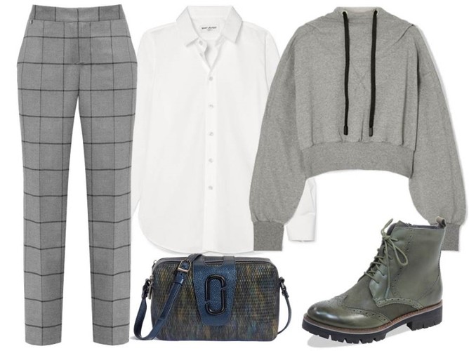 Sportowe STYLIZACJE na jesień 2018: spodnie-Cotton Club/cottonclub.pl, buty-Caprice/caprice.pl, torebka-Boca/boca.pl, koszula, bluza-TK Maxx