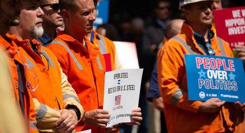 Steelworkers rallied in support of the sale of US Steel to Nippon Steel.Rebecca Droke/Getty Images