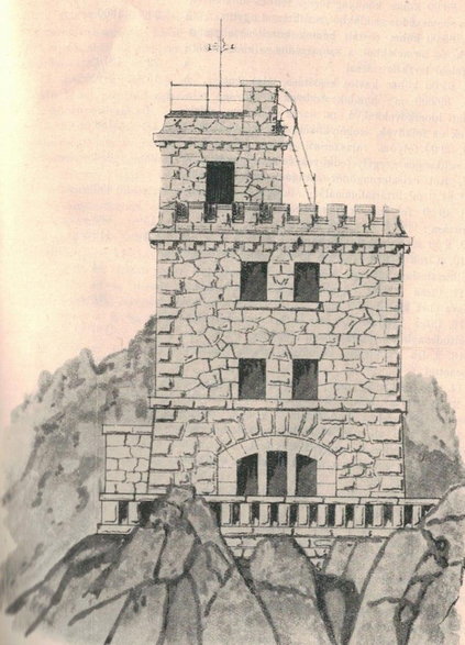 Tak architekt Sámuel Gabriny widział szczyt Gerlacha z obserwatorium i schroniskiem dla turystów.