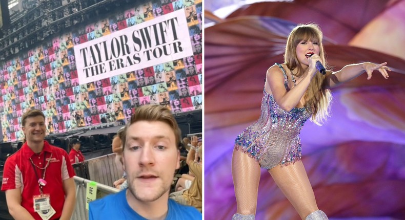 A security guard who worked at the Eras Tour says he was fired for asking fans to take photos of him standing in front of Taylor Swift.Calvin Denker/TikTok, Octavio Jones/TAS23/Getty Images for for TAS Rights Management