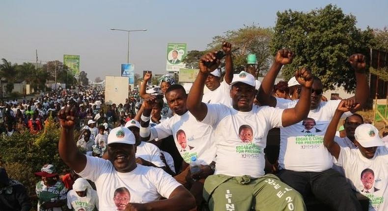 Supporters of Edgar Lungu, leader of the Patriotic Front party (PF), celebrate after Lungu narrowly won re-election on Monday, in a vote his main rival Hakainde Hichilema rejected on claims of alleged rigging by the electoral commission, in the capital, Lusaka, Zambia, August 15, 2016. 